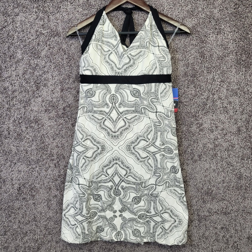 Patagonia Iliana Halter Dress Womens L White Black Paisley NEW 58816 Slim Fit
